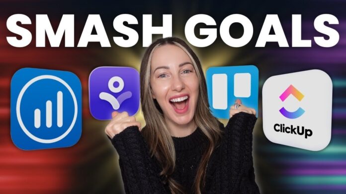 ClickUp dashboard displaying goals, real-time charts, and AI-connected tasks, with comments and documents in a split view.