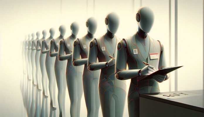 A line of faceless AI agents wearing ID badges writing information on clipboards suggesting identity information or data entry