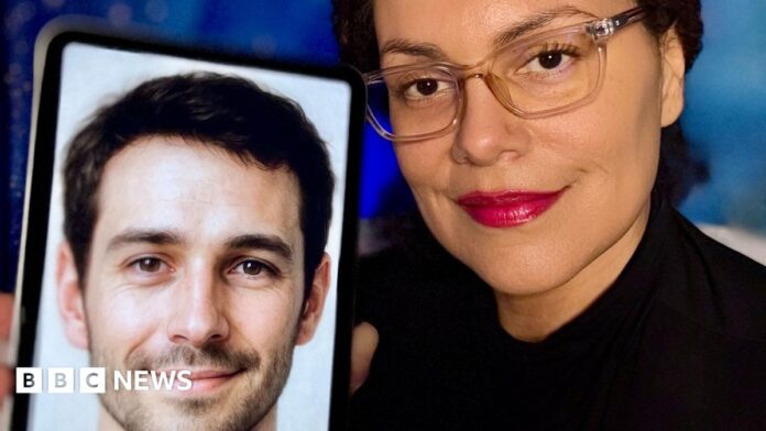 A woman with clear glasses and bright red lipstick smiles as she holds her phone to the camera showing a picture of her AI companion.  On the phone is a picture of a man with short cropped hair, a slight beard and smiling eyes. 