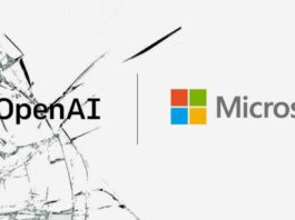 OpenAI and Microsoft logos on a cracked screen