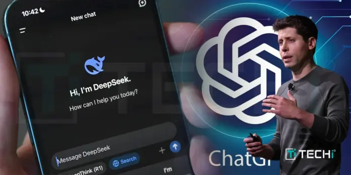 DeepSeek chatbot interface beside ChatGPT stage presentation under TECHi branding.