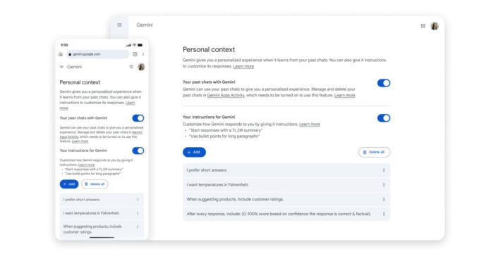 Gemini app rolling out ‘Past Chats’ personalization to free users