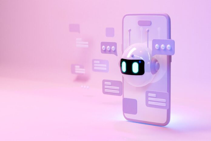 An illustration of a robot face popping out of a phone to answer questions