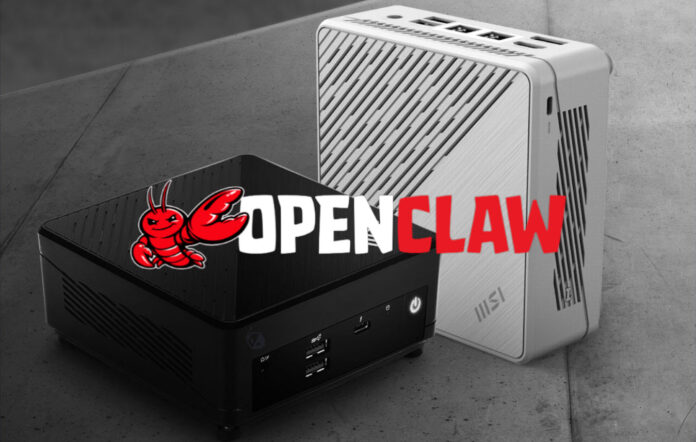 Two compact desktop PCs, an MSI model and an unbranded black model, with a logo of a red lobster and the text 'OPENCLAW'