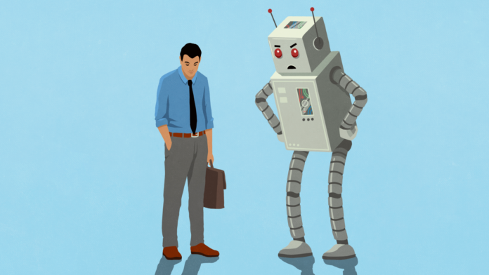Businessman and robot looking down against blue background - stock illustration