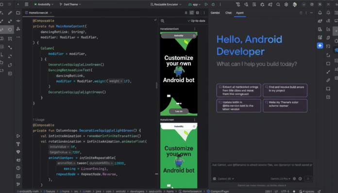 A screenshot of Android Studio with code on the left and a mobile app preview on the right, showing a Hello, Android Developer greeting and options for app development.