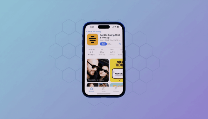A smartphone displaying the Bumble dating app on its screen, set against a professional flat design background with soft patterns and gradients.