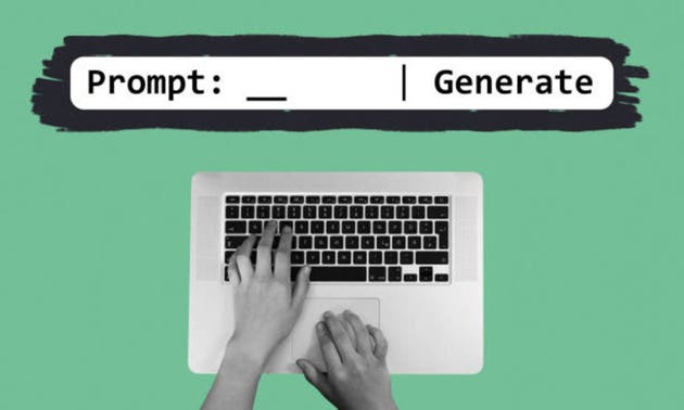 Hand typing on keyboard, generating AI prompt
