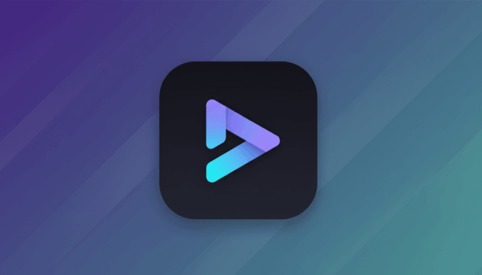 A dark gray rounded square app icon with a gradient play symbol in shades of purple and teal, set against a professional 16:9 background with a soft purple and teal gradient and subtle diagonal patterns.