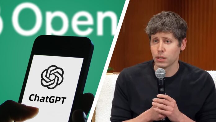 Sam Altman next to an image of someone using ChatGPT on a phone.