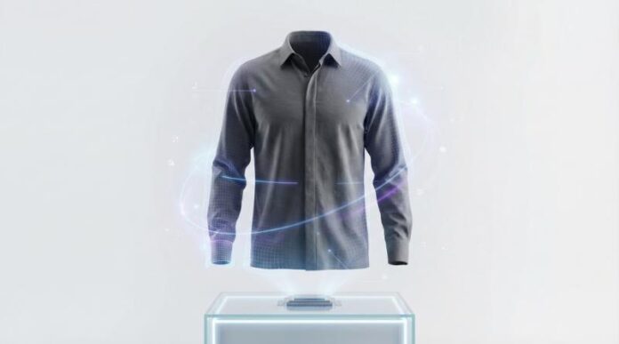 AI-powered ghost mannequin technology helping fashion ecommerce brands create professional product images without traditional mannequins or studio editing. The illustration shows a floating garment in a clean studio environment with subtle AI interface el