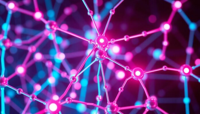 A highly detailed, 3D illustration featuring a complex network of glowing, neon-lit AI agents and components, representing the interconnected and collaborative nature of advanced artificial intelligence systems.