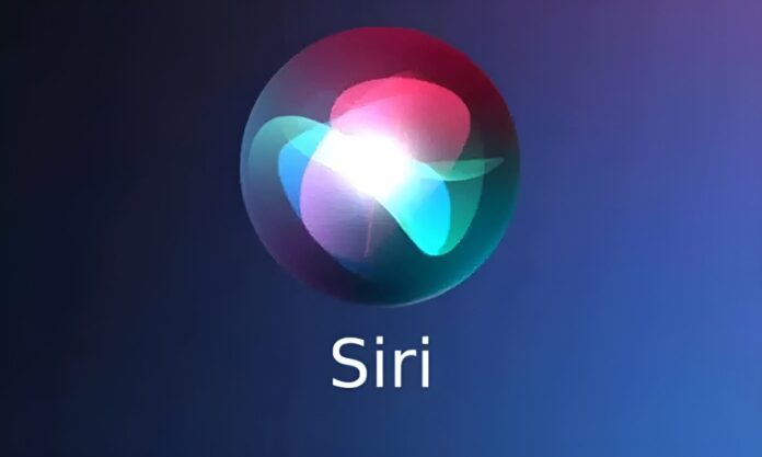 The image shows the Siri logo with the word 'Siri' underneath, set against a gradient blue background.