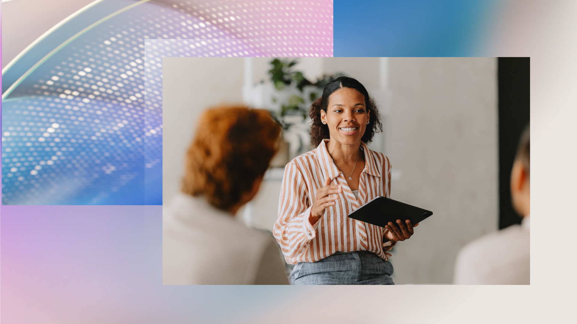 Cloud-Migration-financial-services.jpg Abstract image overlayed with an image of a person holding a tablet smiling