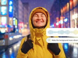 Person in yellow coat in front of brightly lit-up city with inset image of Adobe's AI Assistant voice prompt feature 
