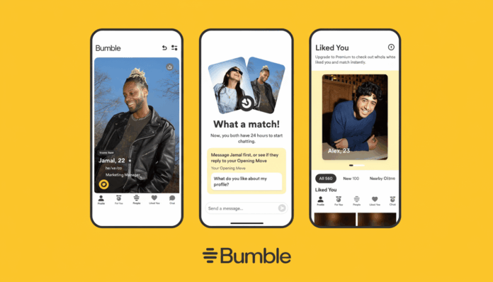 Three Bumble app screens displayed on a yellow background, showcasing user profiles and matching features.