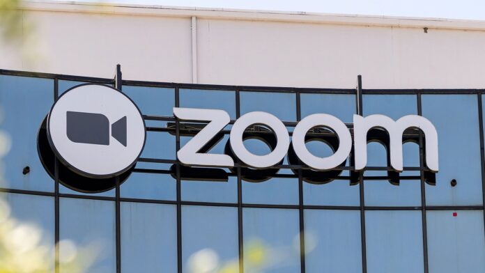 Zoom logo pictured on the facade of the company headquarters in San Jose, California. 