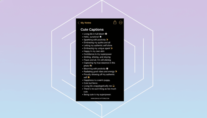 A screenshot of a Cute Captions note on a phone, presented on a professional flat design background with soft patterns and gradients.