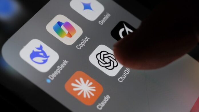 A person's finger tapping a ChatGPT app icon on an iPhone screen that also shows icons for DeepSeek, Gemini, Copilot, Grok, and Claude.