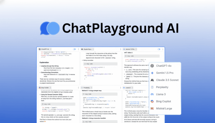 A professional, enhanced image of the ChatPlayground AI logo and interface, resized to a 16:9 aspect ratio. The interface displays various AI models like ChatGPT-4o, Gemini 1.5 Pro, Claude Opus, Perplexity, Llama 3, Bing Copilot, and Mistral Large, each showing code snippets and explanations for reversing a string. The background is a clean, professional flat design with soft gradients, maintaining the original products integrity.