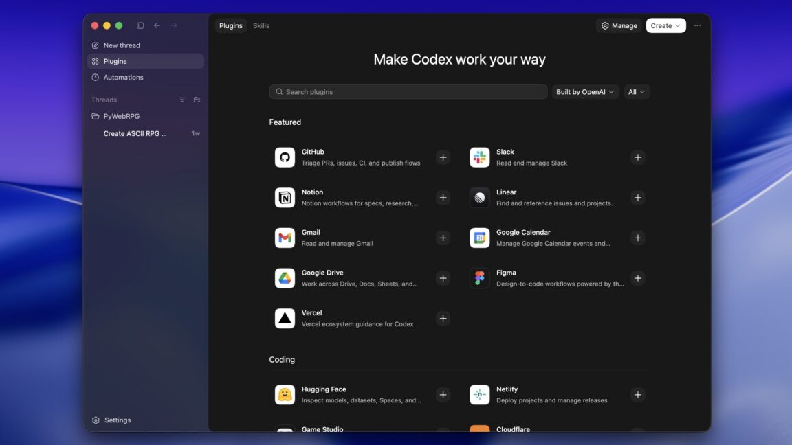 codex-plugins-1152x648.jpg A list of plugins within a Mac desktop app
