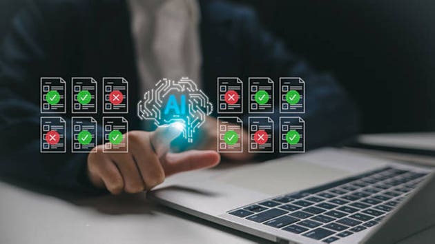 AI technology for document verification and data validation. Businessman using artificial intelligence to analyze and authenticate digital documents with checkmarks and error indicators.