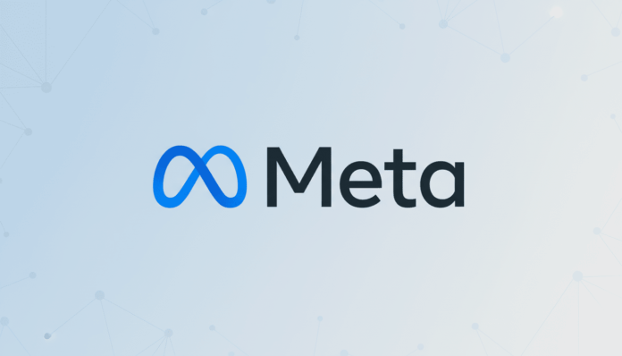 The Meta logo, featuring a blue infinity symbol next to the word Meta in black, set against a light blue and white gradient background with subtle network patterns.