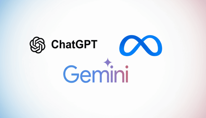 A 16:9 aspect ratio image featuring the logos for ChatGPT, Meta, and Gemini on a professional flat design background with soft gradients.