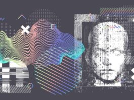 Holographic silhouette of a human. Conceptual image of AI (artificial intelligence), VR (virtual reality), Deep Learning and Face recognition systems. Cyberpunk style vector illustration.