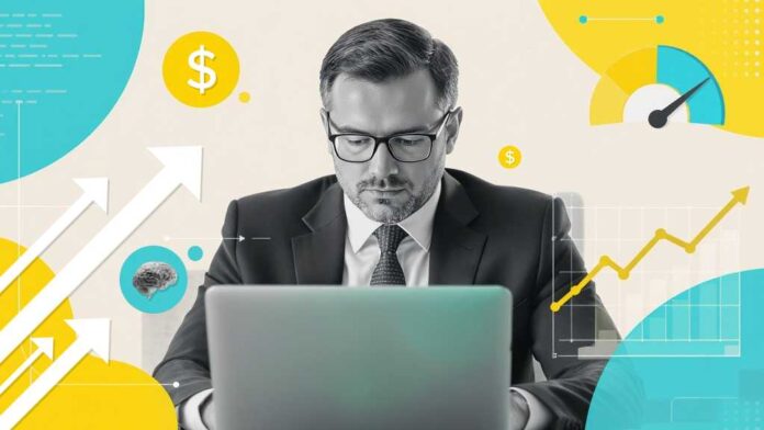 Collage illustration conveying AI return on investment