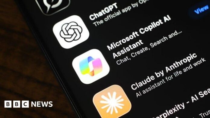 The logos of popular AI apps on a phone.
