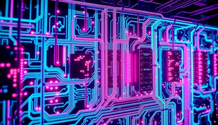 A highly detailed 3D illustration of a glowing, neon-lit circuit board or data center infrastructure, representing the complex, interconnected systems that power modern healthcare revenue cycle management. The image features recognizable hardware elements like circuit traces, processors, and data cables, all illuminated by vibrant cyan and magenta lights.