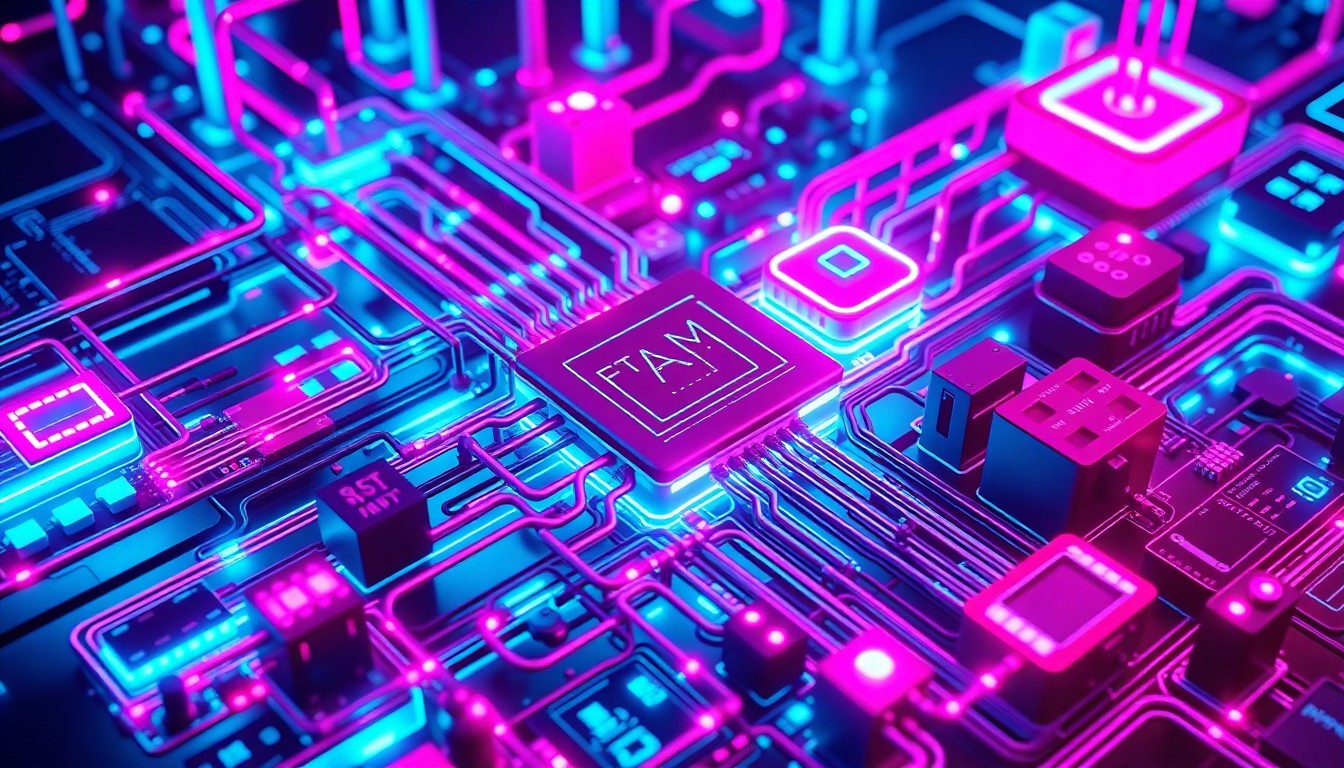 69d0de6395cdc.jpg A highly detailed, glowing 3D illustration of an intricate AI agent system, with various components and infrastructure illuminated by vibrant neon lights, conveying the power and complexity of Nvidia