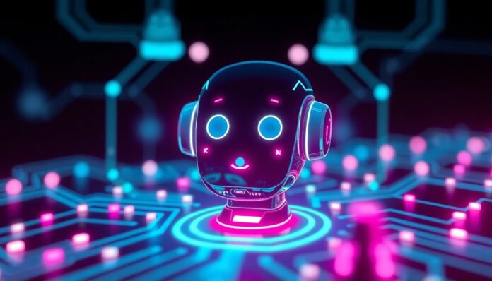 A highly detailed, glowing 3D illustration of a futuristic AI chatbot interface, with neon cyan and magenta lights illuminating the digital infrastructure. The chatbot appears as a disembodied, voice-controlled interface, representing the integration of AI technology into the educational process.