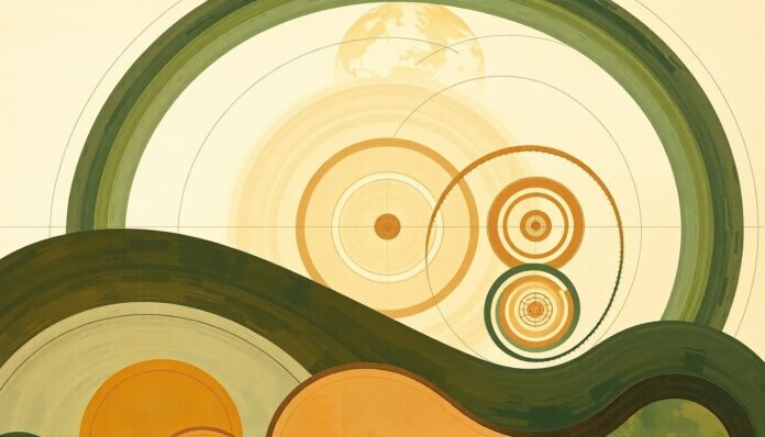 A highly textured, abstract painting featuring sweeping geometric shapes and botanical patterns in earthy tones of green, brown, and ochre, conceptually representing the complex natural systems and interconnected challenges of agricultural pest management.