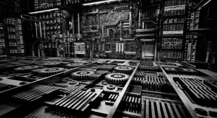 A high-contrast, cinematic close-up of complex financial machinery and mechanisms, such as gears, circuits, and data displays, conveying the power, complexity, and automation underlying modern financial systems.
