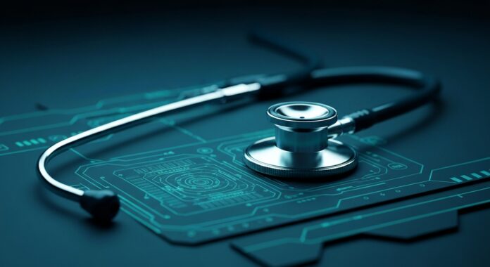 A glowing neon outline of a stethoscope against a dark background, representing the integration of advanced technology into healthcare workflows.