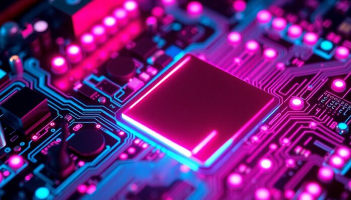 A highly detailed, glowing 3D macro illustration of a futuristic, illuminated circuit board with pulsing neon cyan and magenta lights, conceptually representing the advanced AI and digital infrastructure powering Google