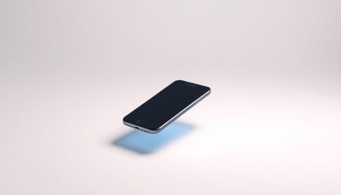 A photorealistic studio still-life image showing a sleek, modern smartphone with a glowing screen floating on a clean, monochromatic background, representing the integration of mobile app growth capabilities into a programmatic advertising platform.