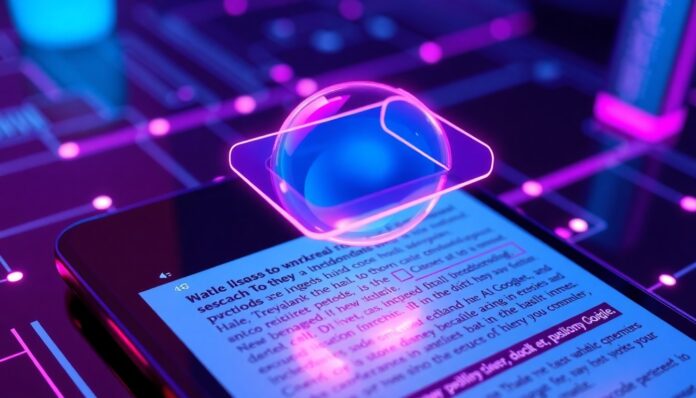 A highly detailed, glowing 3D illustration of a smartphone screen with a draggable visual search bubble hovering over text, representing the AI-powered capabilities of Google Lens. The image features recognizable digital technology elements illuminated by neon cyan and magenta lights, conceptually illustrating the complex relationship between technology and education.