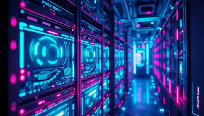 A highly detailed, glowing 3D macro illustration of a futuristic, neon-lit AI server rack or data center infrastructure, representing the physical backbone of advanced AI systems. The image features recognizable tech elements like circuit boards, cooling fans, and fiber optic cables, all illuminated by pulsing cyan and magenta lights, conceptually illustrating the complex and sensitive nature of AI technology.