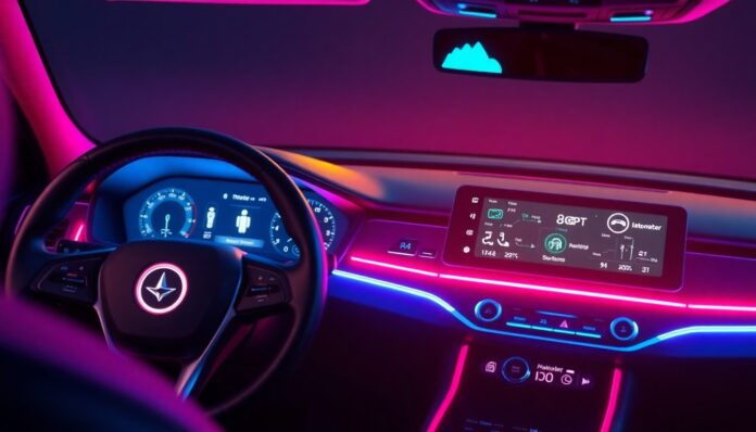 A highly detailed, glowing 3D illustration of a futuristic car dashboard and infotainment system, featuring recognizable physical controls and displays illuminated by vibrant neon lights, conceptually representing the integration of advanced AI assistants into the vehicle