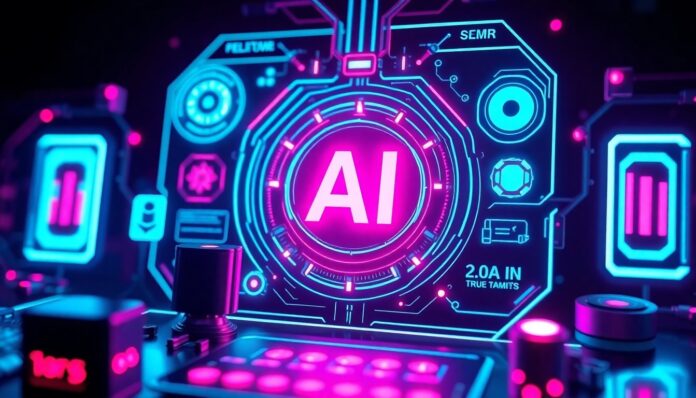 A highly detailed, glowing 3D illustration of a futuristic AI assistant interface, featuring recognizable tech elements like sensors and processors illuminated by vibrant neon lights, conveying a sense of energy and collaboration between the user and the AI system.