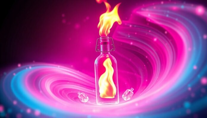 A highly detailed, glowing 3D illustration of a Molotov cocktail bottle with a flickering flame, surrounded by a swirling vortex of neon cyan and magenta digital energy, conceptually representing the intersection of physical violence and the digital AI debate.