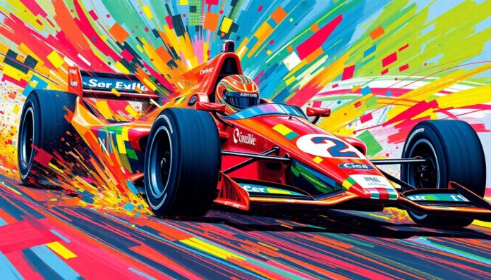 An abstract, expressionist painting in vibrant neon colors capturing the raw energy and motion of an IndyCar race, with the car and driver dissolving into unrecognizable splatters of paint.