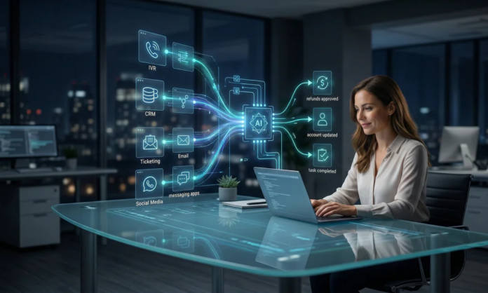 A professional woman sits at a glowing glass desk in a modern office at night. Above her laptop, a holographic interface uses icons and data streams to show an AI brain connecting various communication channels—like phone, email, and social media—to automated outcomes like account updates and task completion.