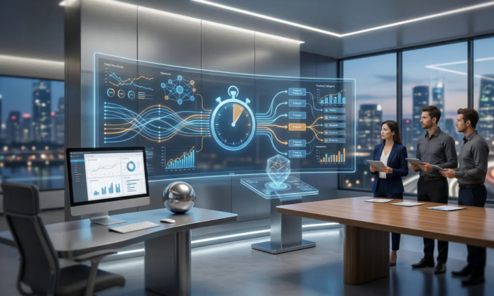 A sleek, modern futuristic office command center featuring a massive, curved transparent holographic display on a wall. The display is filled with glowing blue and orange charts, graphs, data visualization networks, and a large central stopwatch icon, all visualizing information flow. A desktop computer sits on a metal desk in the foreground, and a group of three business professionals in suits stand analyzing the holographic data in front of a large window overlooking a city skyline at dusk.