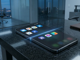 How Sandboxed Mobile Environments Can Increase the Enterprise Attack Surface – Unite.AI A modern smartphone resting on a dark office desk, its screen split into two distinct digital zones: one side showing managed corporate apps and the other a dark,