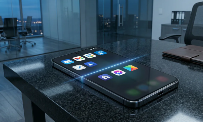 A modern smartphone resting on a dark office desk, its screen split into two distinct digital zones: one side showing managed corporate apps and the other a dark, 