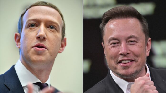 A split image featuring a close-up of a serious Mark Zuckerberg and a smiling Elon Musk.